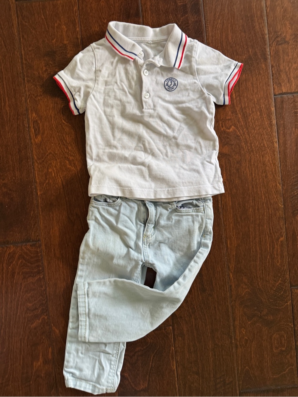 Jacadi Paris Boy’s Jeans and Jacadi Paris White Polo with Red & Blue Trim - 24M
